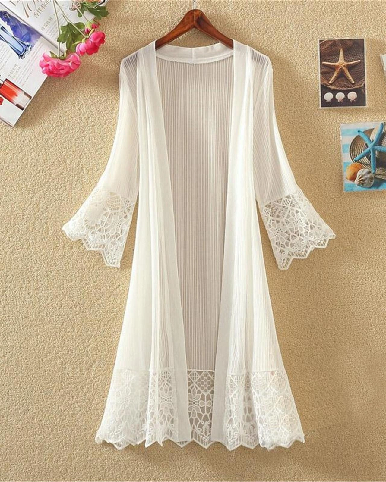 Kimono à manches longues blanc en dentelle pour femmes