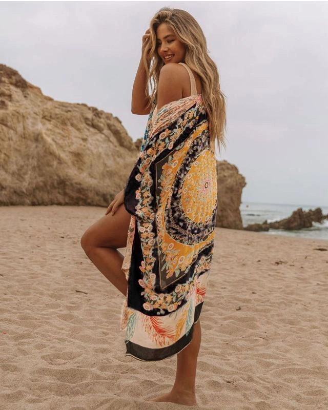 Kimono cache maillot noir bohème pour femmes