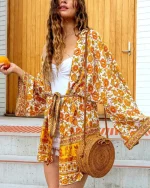 Kimono cardigan boho imprimé floral jaune pour femmes