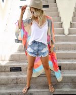 Kimono d’été à motif rayure multicolore pour femmes