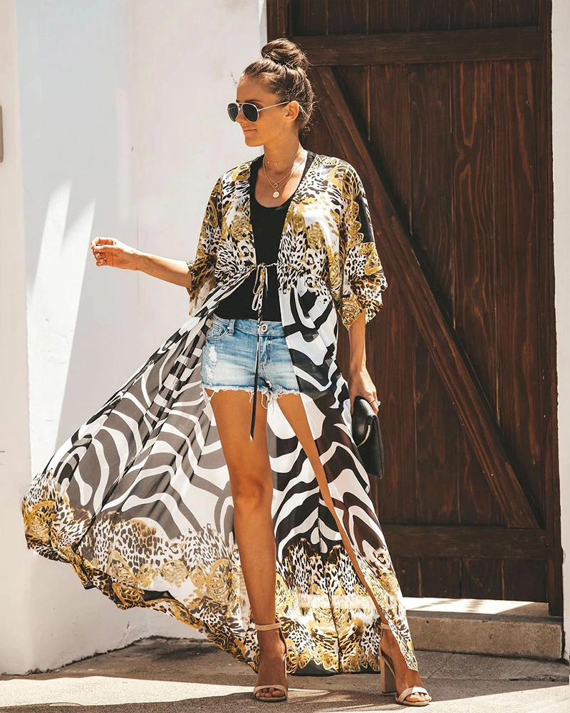 Kimono de plage style bohème imprimés savane – Image 2