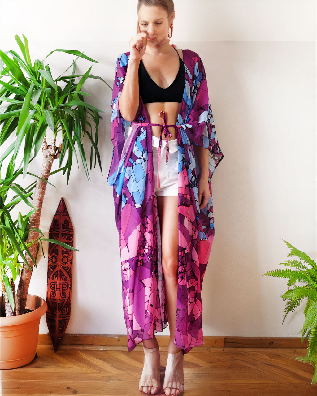 Kimono de plage violet style bohème pour femme – Image 3
