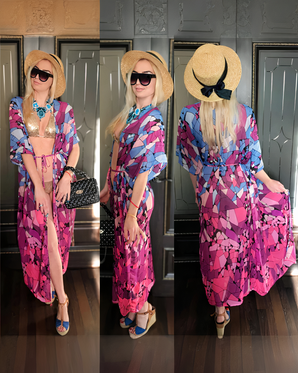 Kimono de plage violet style bohème pour femme – Image 2