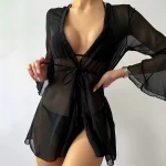 Kimono noir en mousseline de soie pour femmes