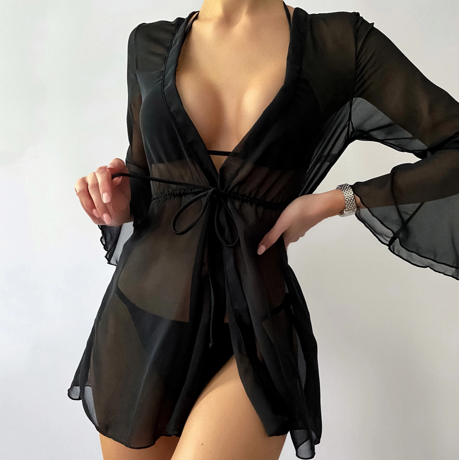 Kimono noir en mousseline de soie pour femmes