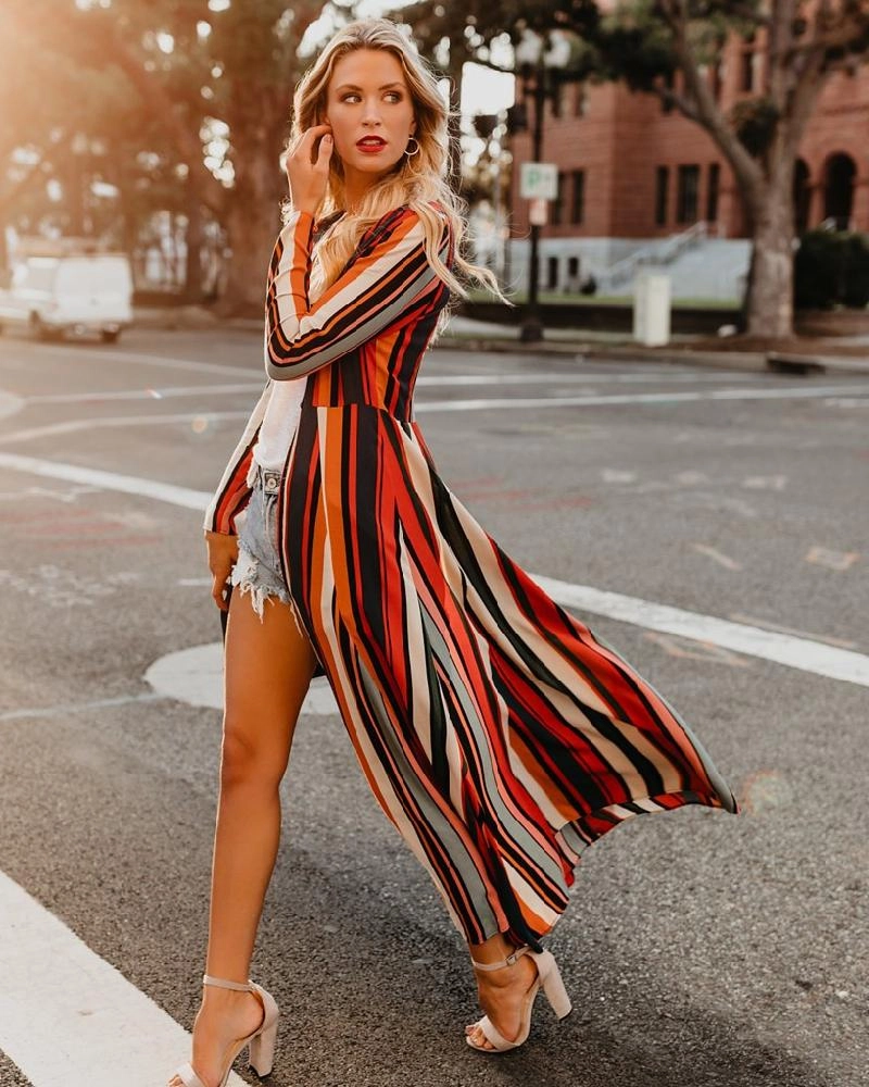 Long kimono cardigan rayé pour femmes