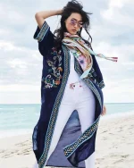Long peignoir kimono bleu nuit