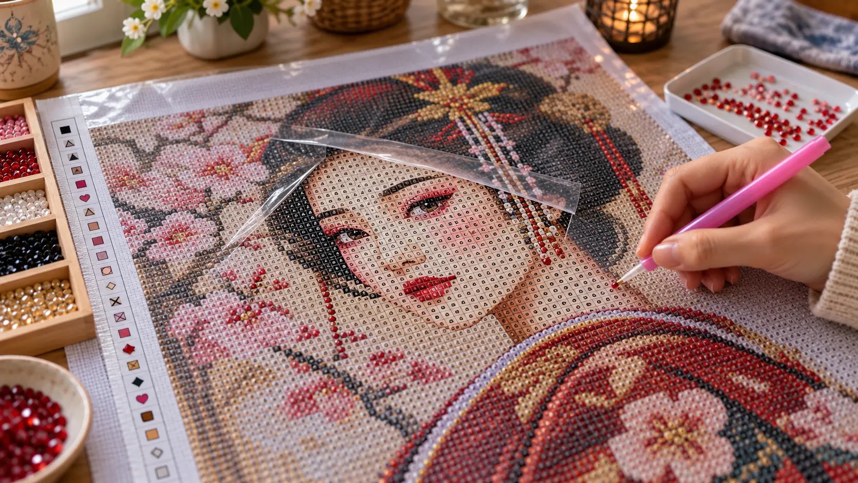 Illustration 1 pour Réussir les détails du visage et du kimono en broderie diamant geisha