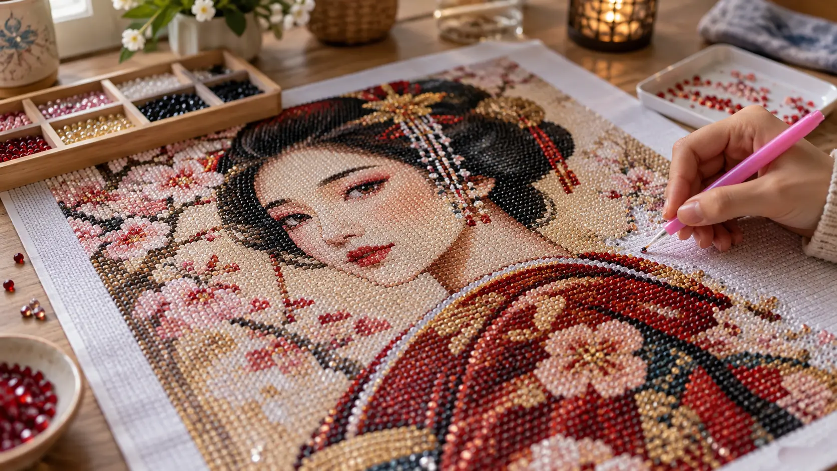 Réussir les détails du visage et du kimono en broderie diamant geisha