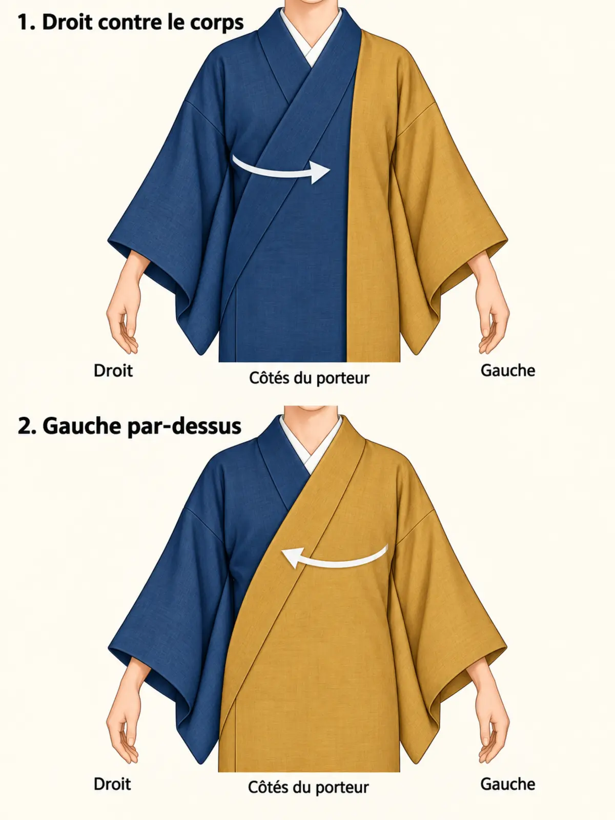 Deux étapes vues de face : le pan droit du porteur se rabat contre le corps, puis le pan gauche passe par-dessus.