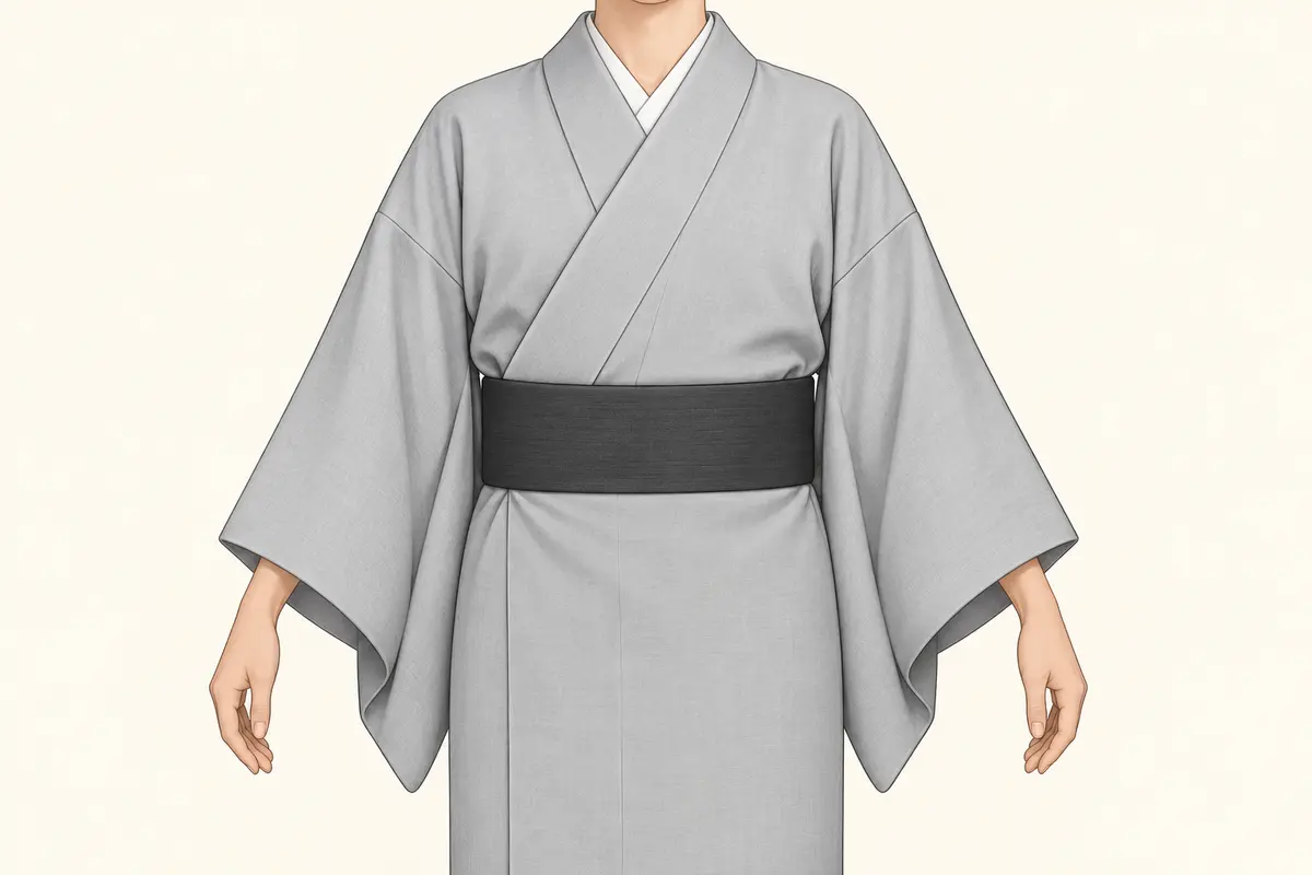 Kimono porté de face, avec le pan gauche du porteur superposé au pan droit.
